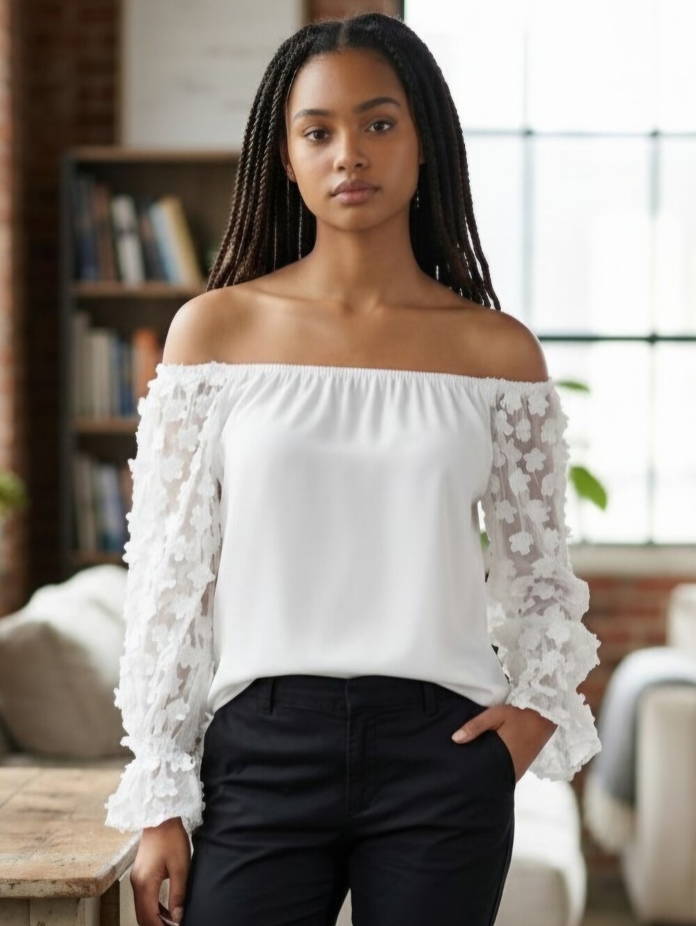 Voom By Joy Han White Off The Shoulder 3D Flower Applique Blouse